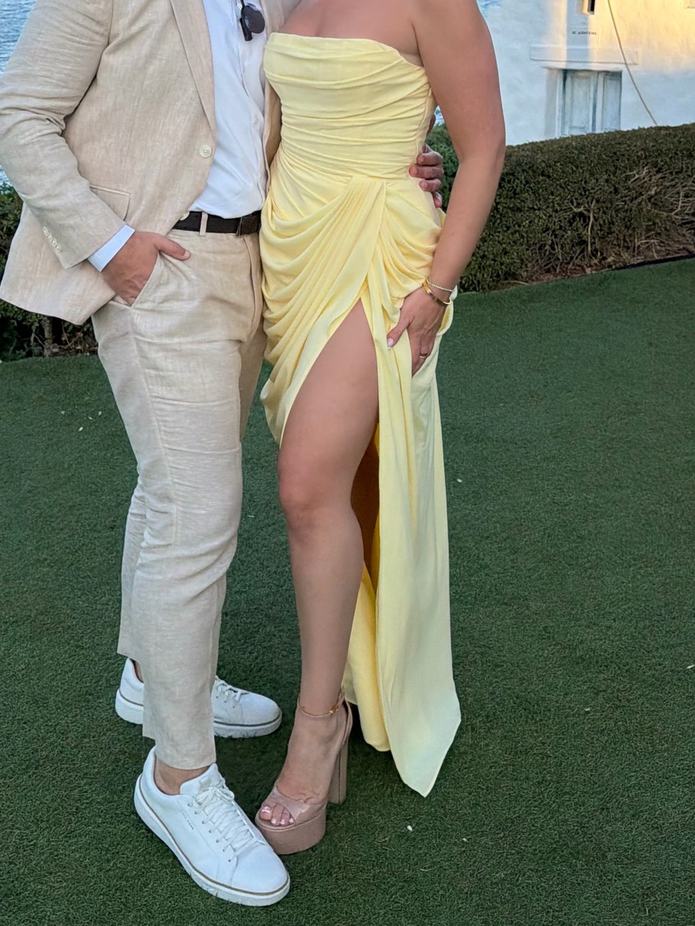 Strapless Pale Yellow Draped High-Slit Evening Gown - Picture 4 of 4